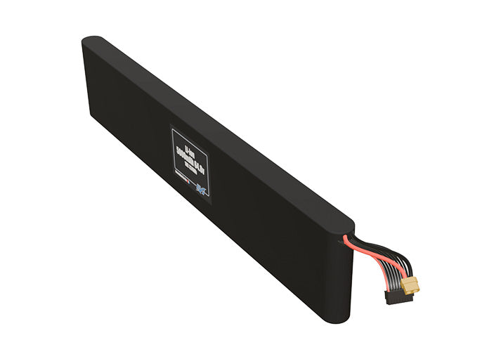 Angled product render of the 5000mAh eighteen-cell Li-ion pack. A lightweight energy source for UAV, drone, and robotic builds.