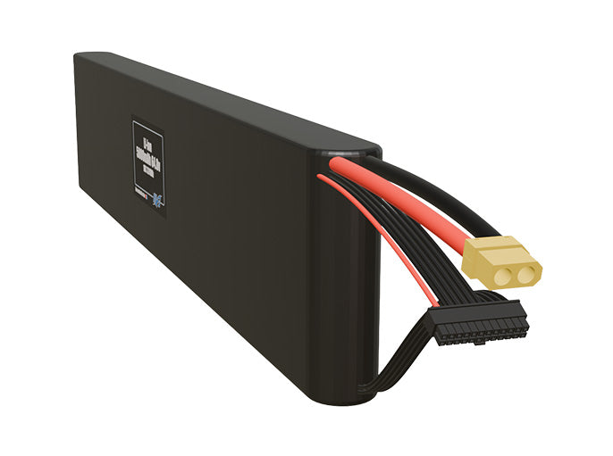 Angled product render of the 5000mAh eighteen-cell Li-ion pack. A lightweight energy source for UAV, drone, and robotic builds.