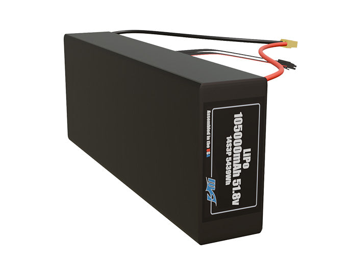 Side-angle render of a 51.8-volt 105000mAh lithium-polymer battery, assembled in the USA for compact UAV, drone, and military robotics platforms.