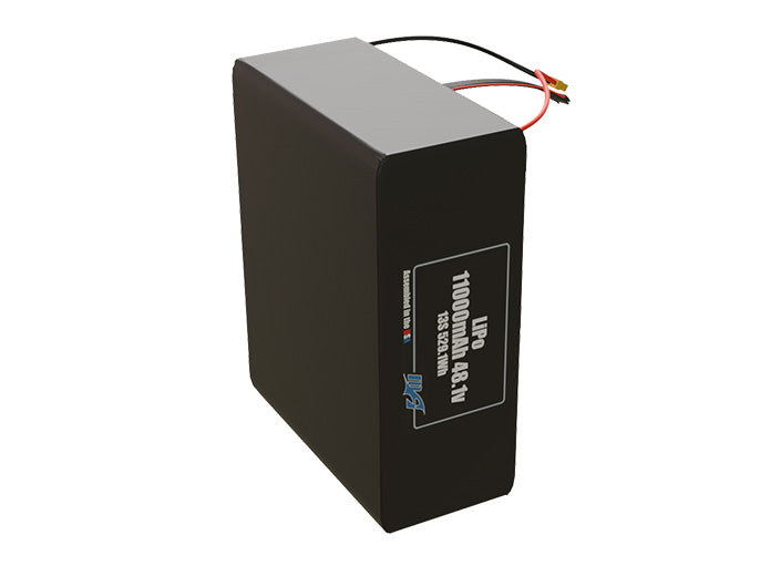 Side-angle render of a 51.8-volt 11000mAh lithium-polymer battery, assembled in the USA for compact UAV, drone, and military robotics platforms.