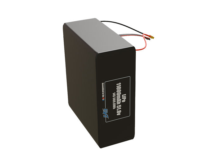 Side-angle render of a 51.8-volt 11000mAh lithium-polymer battery, assembled in the USA for compact UAV, drone, and military robotics platforms.