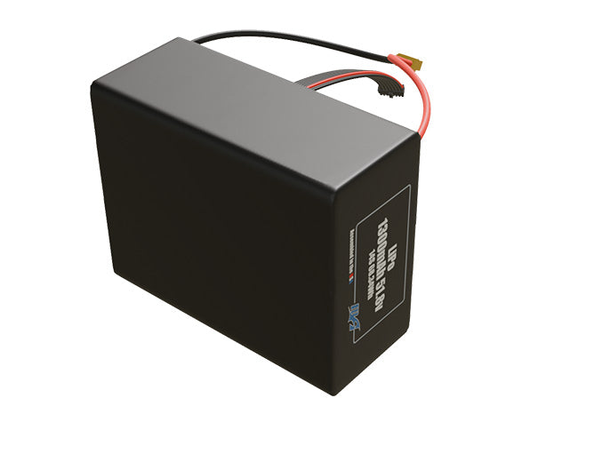 Side-angle render of a 51.8-volt 1300mAh lithium-polymer battery, assembled in the USA for compact UAV, drone, and military robotics platforms.