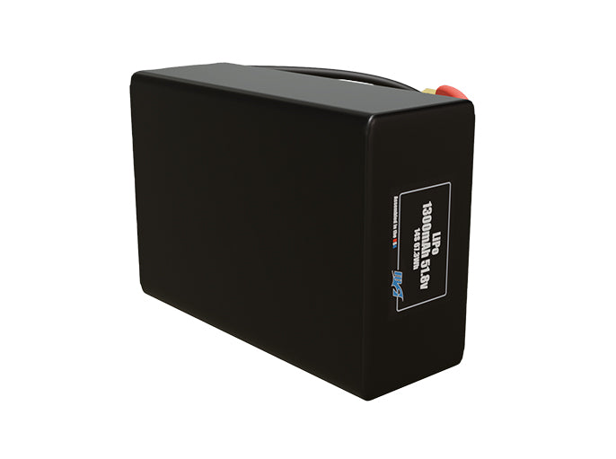 Side-angle render of a 51.8-volt 1300mAh lithium-polymer battery, assembled in the USA for compact UAV, drone, and military robotics platforms.