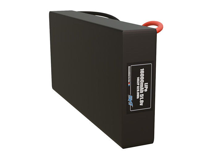 Side-angle render of a 51.8-volt 16000mAh lithium-polymer battery, assembled in the USA for compact UAV, drone, and military robotics platforms.