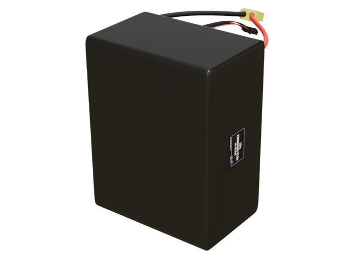 Side-angle render of a 51.8-volt 23000mAh lithium-polymer battery, assembled in the USA for compact UAV, drone, and military robotics platforms.