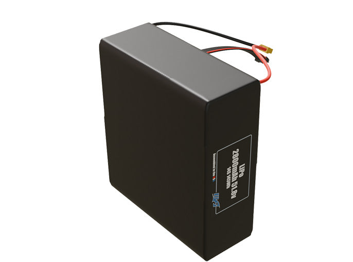 Side-angle render of a 48.1-volt 2800mAh lithium-polymer battery, assembled in the USA for compact UAV, drone, and military robotics platforms.