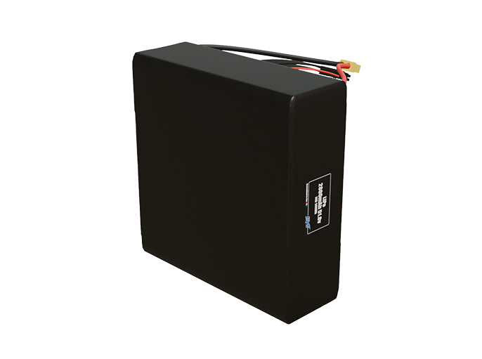 Side-angle render of a 48.1-volt 2800mAh lithium-polymer battery, assembled in the USA for compact UAV, drone, and military robotics platforms.