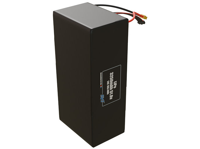 Side-angle render of a 51.8-volt 3250mAh lithium-polymer battery, assembled in the USA for compact UAV, drone, and military robotics platforms.