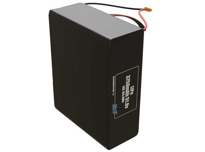 Side-angle render of a 51.8-volt 3750mAh lithium-polymer battery, assembled in the USA for compact UAV, drone, and military robotics platforms.
