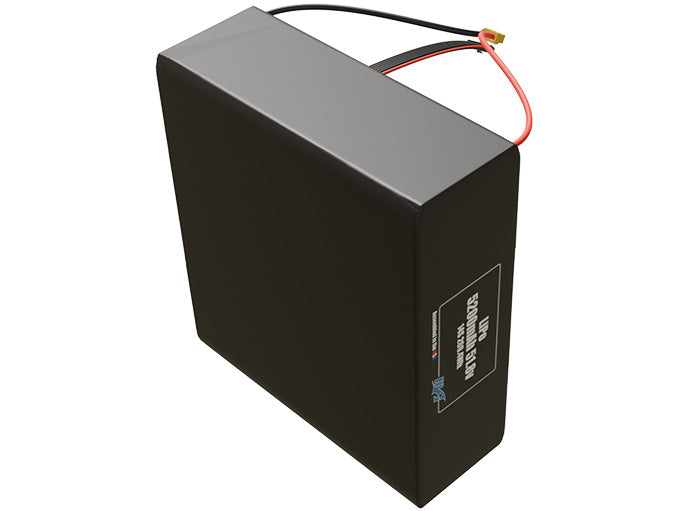 Side-angle render of a 51.8-volt 5200mAh lithium-polymer battery, assembled in the USA for compact UAV, drone, and military robotics platforms.