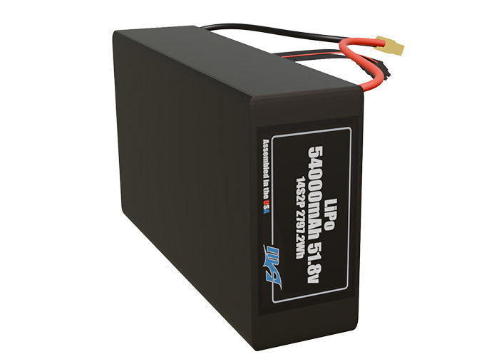 Side-angle render of a 51.8-volt 54000mAh lithium-polymer battery, assembled in the USA for compact UAV, drone, and military robotics platforms.