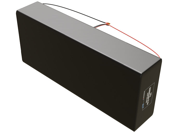 Side-angle render of a 51.8-volt 69000mAh lithium-polymer battery, assembled in the USA for compact UAV, drone, and military robotics platforms.
