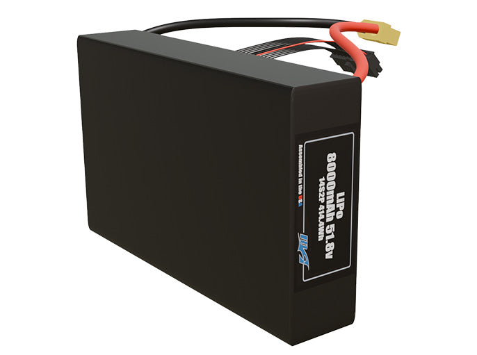 Side-angle render of a 51.8-volt 8000mAh lithium-polymer battery, assembled in the USA for compact UAV, drone, and military robotics platforms.