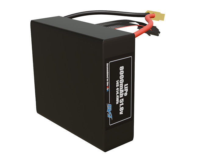 Side-angle render of a 51.8-volt 8000mAh lite lithium-polymer battery, assembled in the USA for compact UAV, drone, and military robotics platforms.