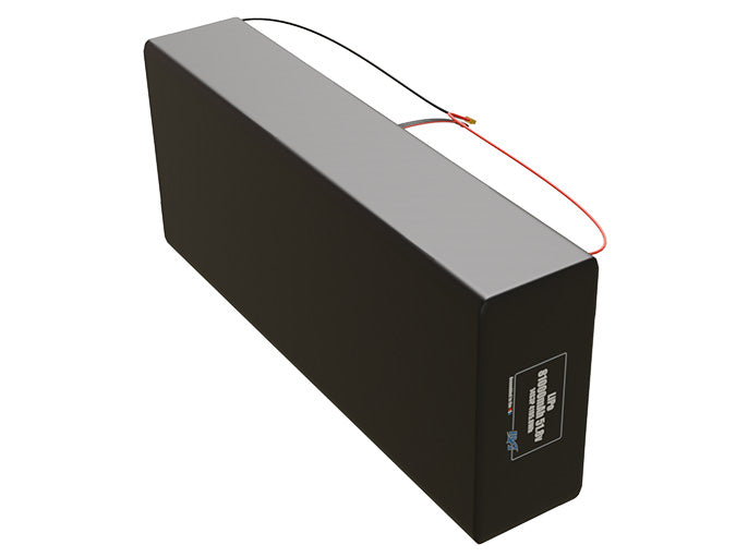 Side-angle render of a 51.8-volt 81000mAh lithium-polymer battery, assembled in the USA for compact UAV, drone, and military robotics platforms.
