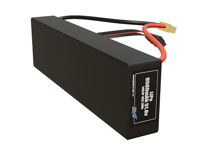 Side-angle render of a 51.8-volt 9500mAh lithium-polymer battery, assembled in the USA for compact UAV, drone, and military robotics platforms.