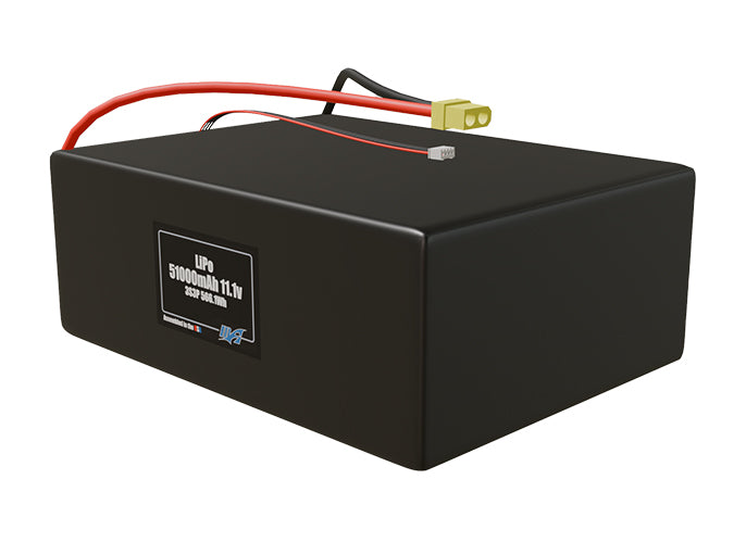 Angled product render of the 51000mAh 9-cell LiPo pack. A lightweight energy source for UAV, drone, and robotic builds.