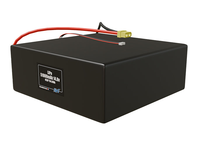 Angled product render of the 51000mAh 12-cell LiPo pack. A lightweight energy source for UAV, drone, and robotic builds.