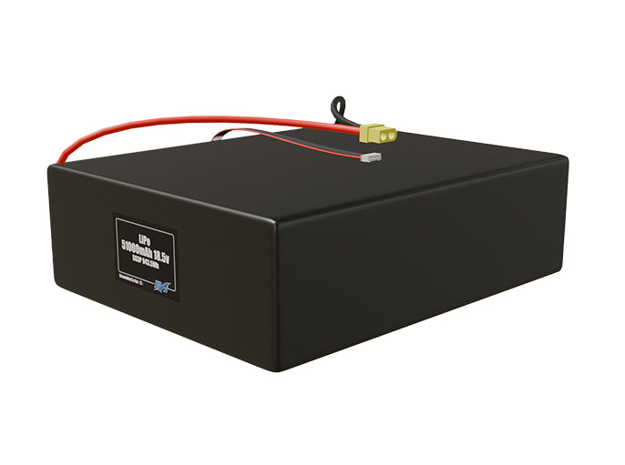Angled product render of the 51000mAh 15-cell LiPo pack. A lightweight energy source for UAV, drone, and robotic builds.