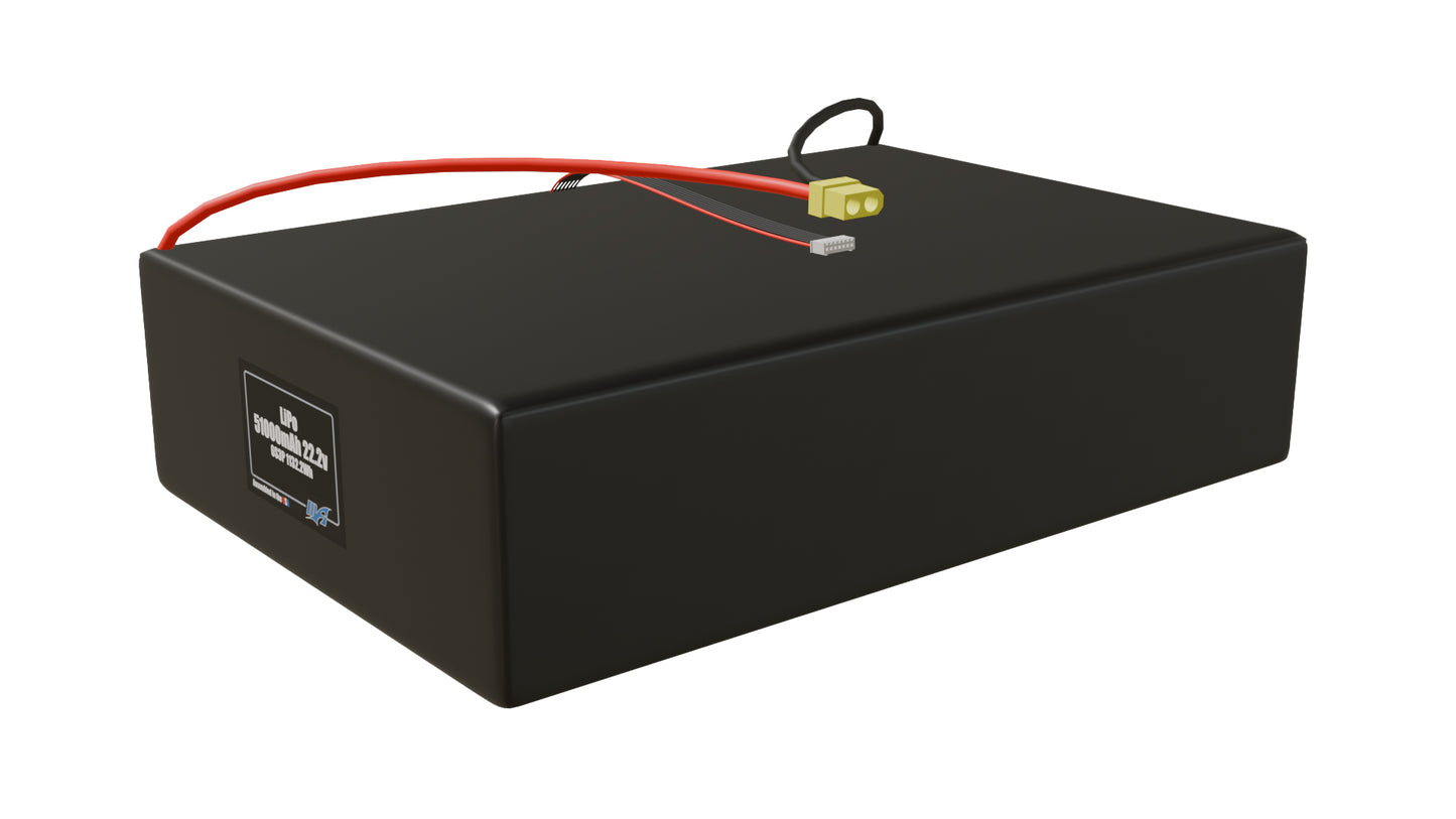 Angled product render of the 51000mAh 18-cell LiPo pack. A lightweight energy source for UAV, drone, and robotic builds.