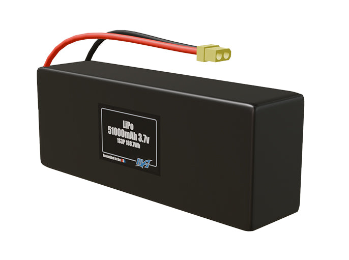 Angled product render of the 51000mAh 3-cell LiPo pack. A lightweight energy source for UAV, drone, and robotic builds.