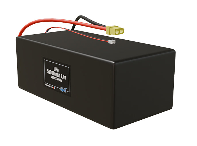 Angled product render of the 51000mAh 6-cell LiPo pack. A lightweight energy source for UAV, drone, and robotic builds.