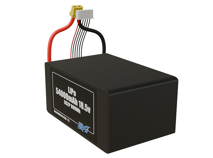 Angled product render of the 54000mAh 10-cell LiPo pack. A lightweight energy source for UAV, drone, and robotic builds.