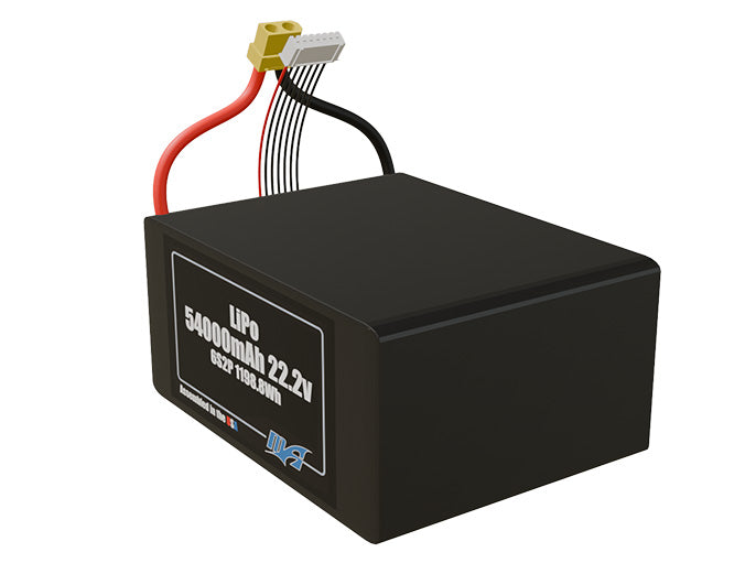Angled product render of the 54000mAh 12-cell LiPo pack. A lightweight energy source for UAV, drone, and robotic builds.