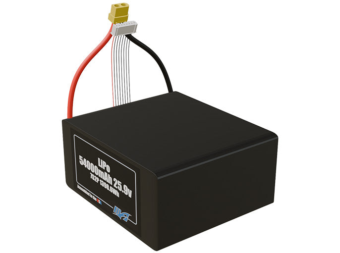 Angled product render of the 54000mAh 14-cell LiPo pack. A lightweight energy source for UAV, drone, and robotic builds.