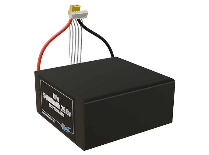 Angled product render of the 54000mAh 16-cell LiPo pack. A lightweight energy source for UAV, drone, and robotic builds.
