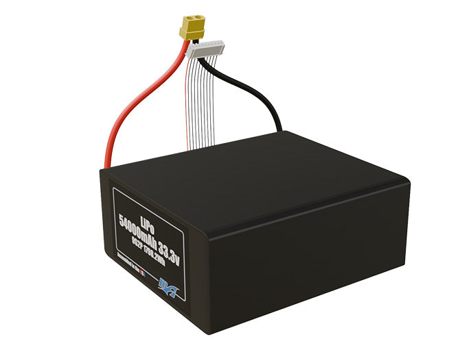 Angled product render of the 54000mAh 18-cell LiPo pack. A lightweight energy source for UAV, drone, and robotic builds.