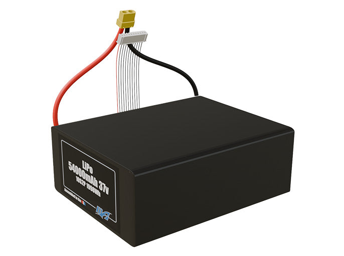 Angled product render of the 54000mAh 20-cell LiPo pack. A lightweight energy source for UAV, drone, and robotic builds.
