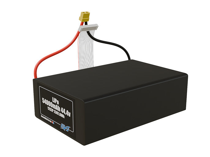 Angled product render of the 54000mAh 24-cell LiPo pack. A lightweight energy source for UAV, drone, and robotic builds.