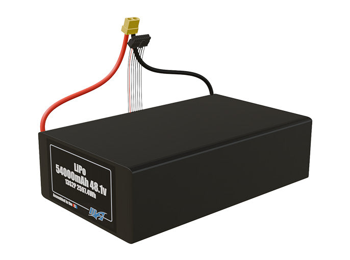 Angled product render of the 54000mAh 26-cell LiPo pack. A lightweight energy source for UAV, drone, and robotic builds.