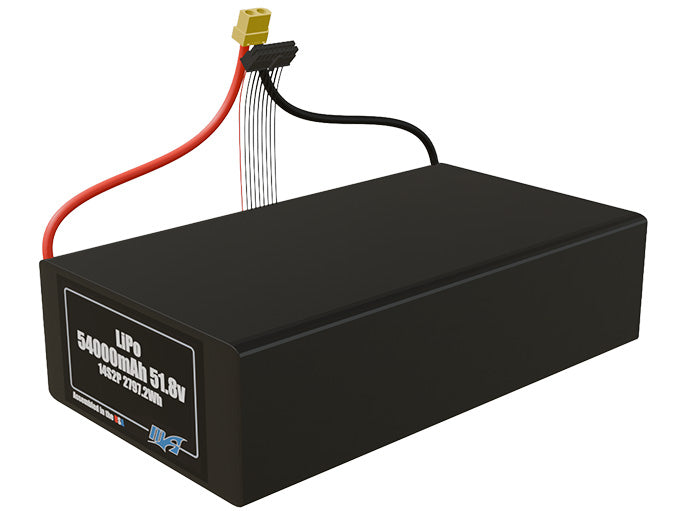 Angled product render of the 54000mAh 28-cell LiPo pack. A lightweight energy source for UAV, drone, and robotic builds.
