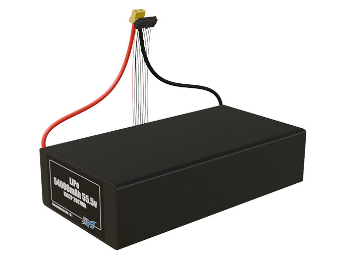 Angled product render of the 54000mAh 30-cell LiPo pack. A lightweight energy source for UAV, drone, and robotic builds.