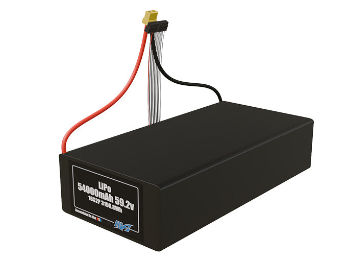 Angled product render of the 54000mAh 32-cell LiPo pack. A lightweight energy source for UAV, drone, and robotic builds.