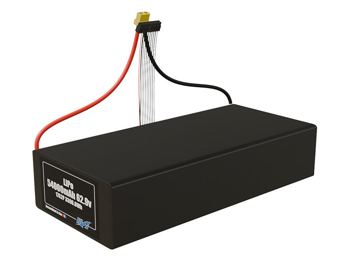 Angled product render of the 54000mAh 34-cell LiPo pack. A lightweight energy source for UAV, drone, and robotic builds.