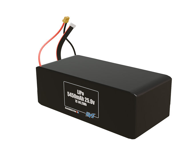Angled product render of the 5450mAh seven-cell LiPo pack. A lightweight energy source for UAV, drone, and robotic builds.