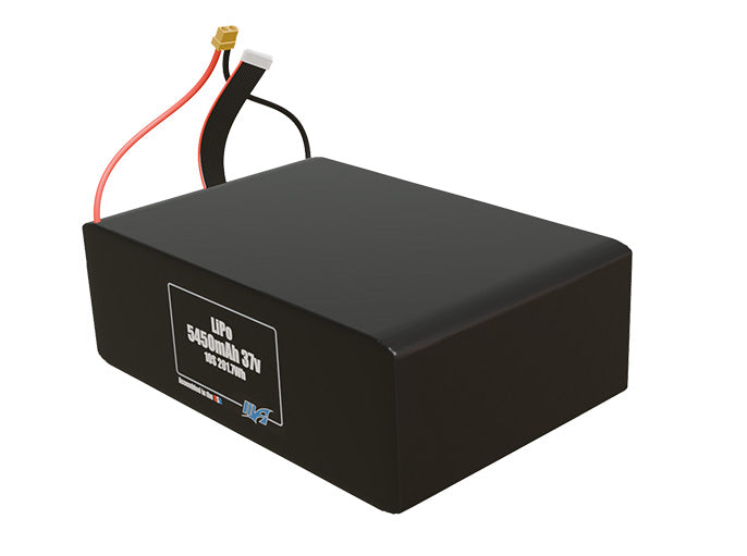 Angled product render of the 5450mAh ten-cell LiPo pack. A lightweight energy source for UAV, drone, and robotic builds.