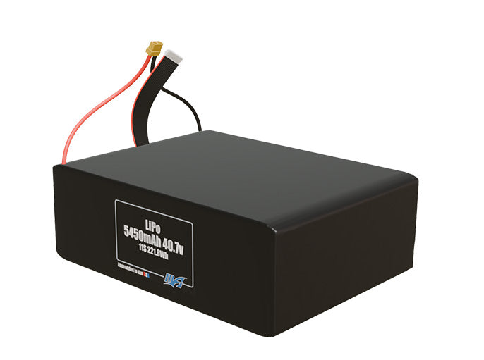 Angled product render of the 5450mAh eleven-cell LiPo pack. A lightweight energy source for UAV, drone, and robotic builds.