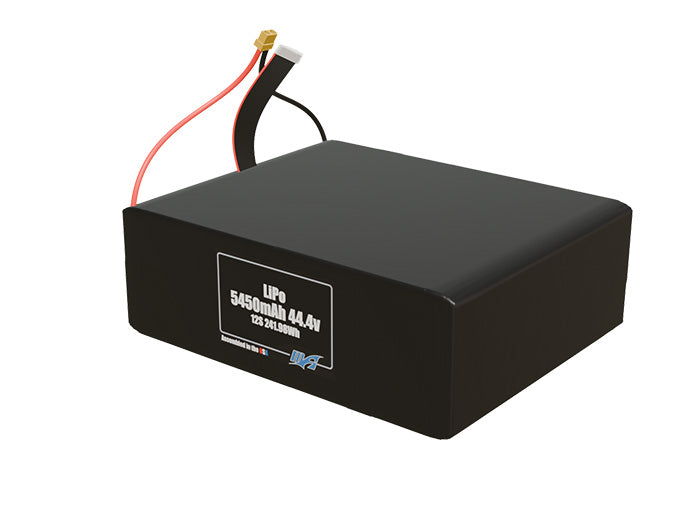 Angled product render of the 5450mAh twelve-cell LiPo pack. A lightweight energy source for UAV, drone, and robotic builds.