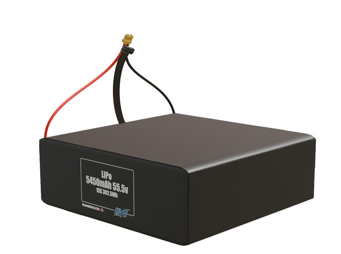 Angled product render of the 5450mAh fifteen-cell LiPo pack. A lightweight energy source for UAV, drone, and robotic builds.