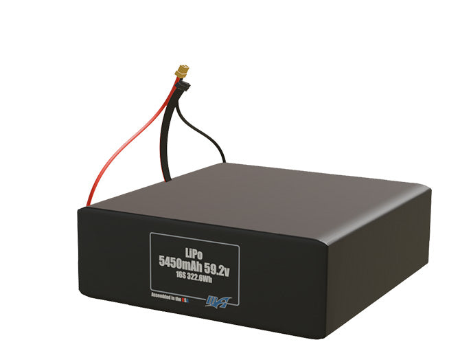 Angled product render of the 5450mAh sixteen-cell LiPo pack. A lightweight energy source for UAV, drone, and robotic builds.