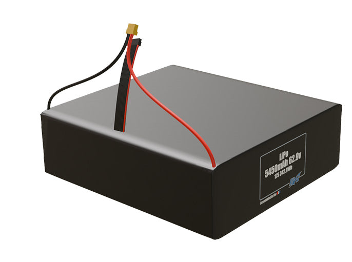 Angled product render of the 5450mAh seventeen-cell LiPo pack. A lightweight energy source for UAV, drone, and robotic builds.