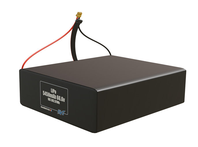 Angled product render of the 5450mAh eighteen-cell LiPo pack. A lightweight energy source for UAV, drone, and robotic builds.