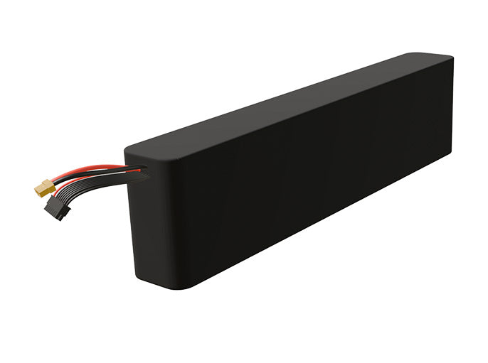 Side-angle render of a 54-volt 10000mAh lithium-ion battery, assembled in the USA for compact UAV, drone, and military robotics platforms.