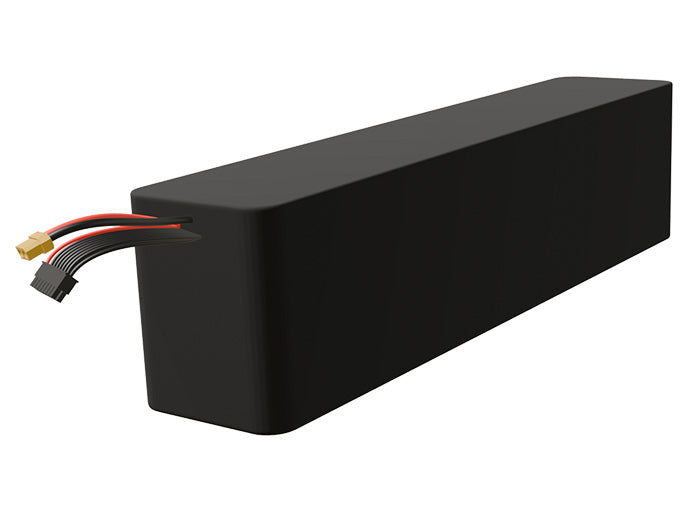 Side-angle render of a 54-volt 13500mAh lithium-ion battery, assembled in the USA for compact UAV, drone, and military robotics platforms.