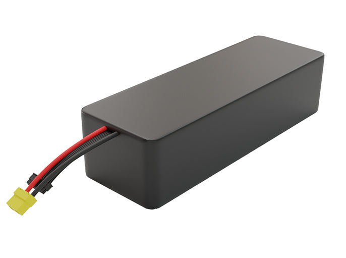 Side-angle render of a 54-volt 25000mAh lithium-ion battery, assembled in the USA for compact UAV, drone, and military robotics platforms.