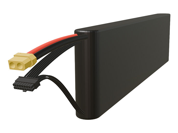 Side-angle render of a 54-volt 3500mAh lithium-ion battery, assembled in the USA for compact UAV, drone, and military robotics platforms.